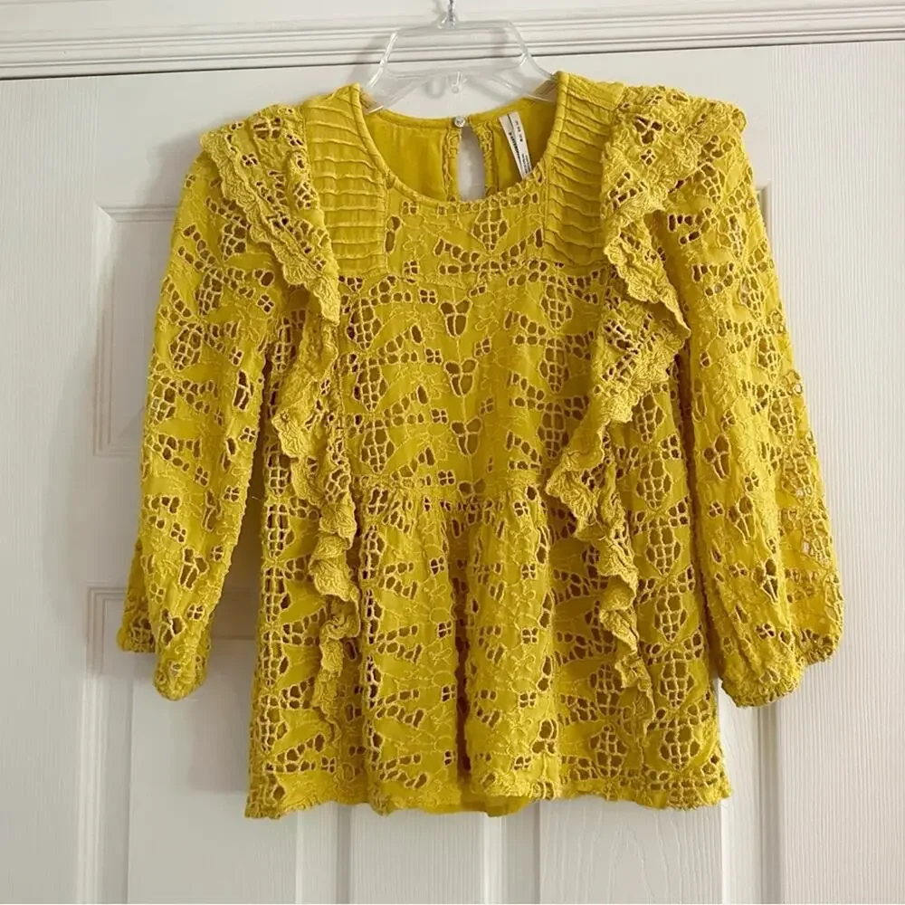 Anthropologie Yellow Clementine Blouse Eyelet Ruffle Puff Sleeve Top Shirt Sz 0